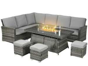 Seven-Piece Firepit Table Rattan Sofa Set - Grey