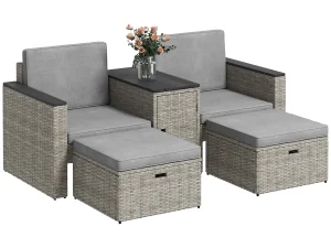 5 Piece Rattan Garden Furniture Set, Nesting Outdoor Furniture Conversation Set with 2 Footstools, WPC Storage Coffee Table and Cushions, Wicker Garden Sofa for Conservatory, Terrace, Grey
