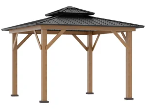 3.5 x 3.5m Outdoor Hardtop Gazebo Canopy with Two-tier Metal Roof and Solid Wood Frame Outdoor Patio Shelter for Patio, Garden, Grey