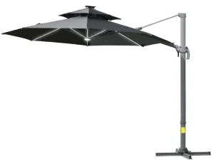 3m Cantilever Parasol w/ Solar Lights Power Bank Base 360° Spin Dark Grey