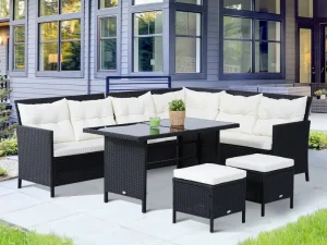 8-Seater Garden Rattan Furniture Rattan Corner Dining Sofa Set Wicker Conservatory Furniture Lawn Patio Coffee Table Foot Stool w/Cushion-Black