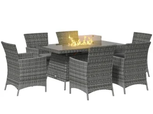 7 Pieces Outdoor Rattan Garden Furniture with Fire Pit Table, 6 Seater Garden Table and Chairs with Cushions, Rattan Dining Set with Propane Heater Table, Windscreen, 50,000 BTU, Black