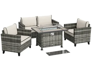 5-Piece Rattan Patio Furniture Set with Gas Fire Pit Table, Loveseat Sofa, Armchairs, Cushions, Pillows, Grey