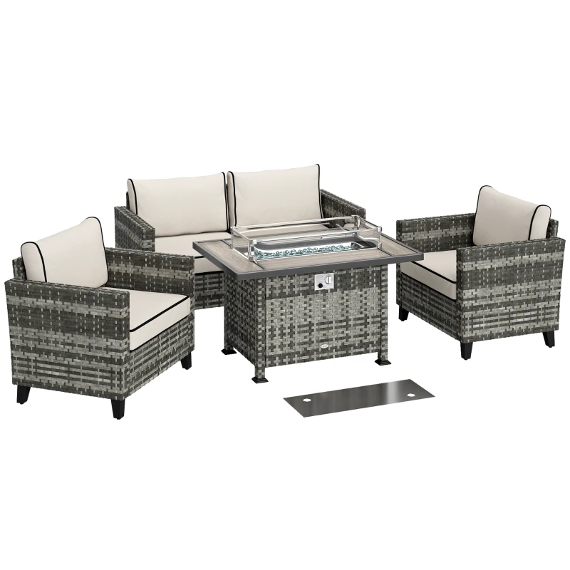 5-Piece Rattan Patio Furniture Set with Gas Fire Pit Table, Loveseat Sofa, Armchairs, Cushions, Pillows, Grey