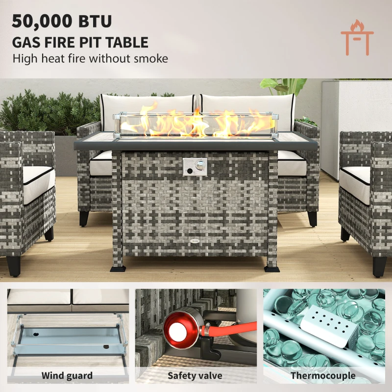 5-Piece Rattan Patio Furniture Set with Gas Fire Pit Table, Loveseat Sofa, Armchairs, Cushions, Pillows, Grey - Image 2