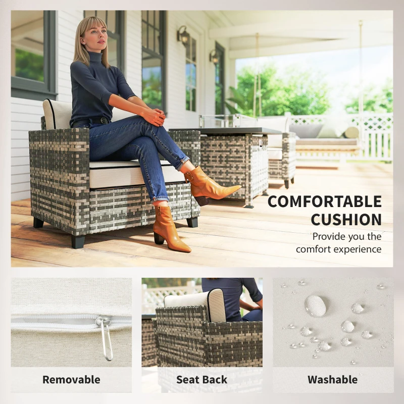 5-Piece Rattan Patio Furniture Set with Gas Fire Pit Table, Loveseat Sofa, Armchairs, Cushions, Pillows, Grey - Image 5