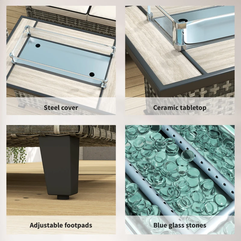 5-Piece Rattan Patio Furniture Set with Gas Fire Pit Table, Loveseat Sofa, Armchairs, Cushions, Pillows, Grey - Image 6