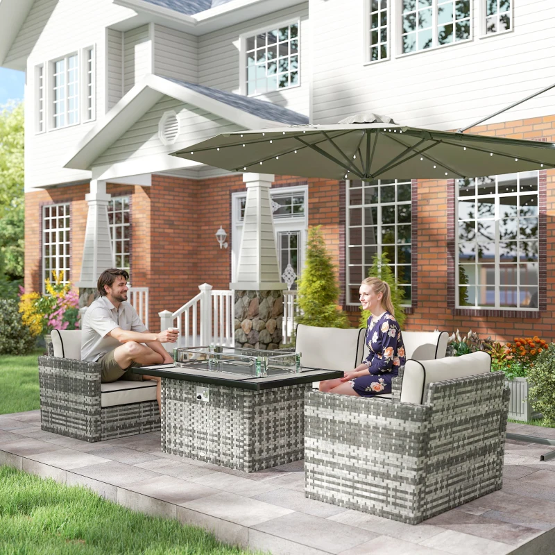 5-Piece Rattan Patio Furniture Set with Gas Fire Pit Table, Loveseat Sofa, Armchairs, Cushions, Pillows, Grey - Image 7
